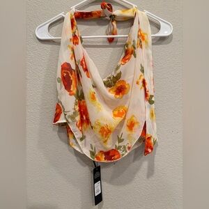 Floral Scarf open back top with Orange and Yellow Accents blouse medium nwt